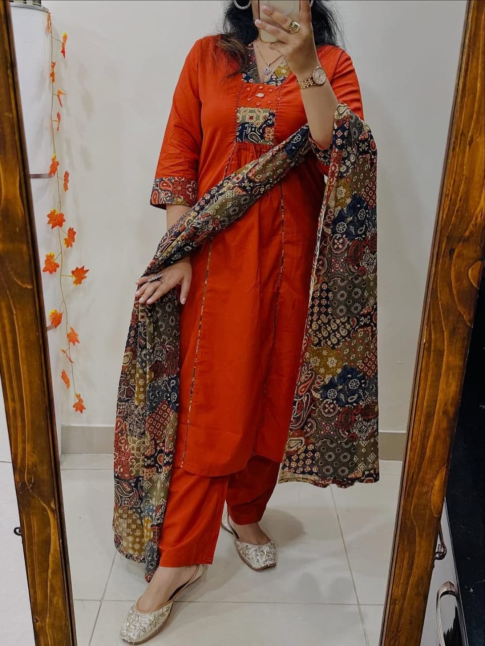 Mirror Work Cotton Suit with Kalamkari Dupatta